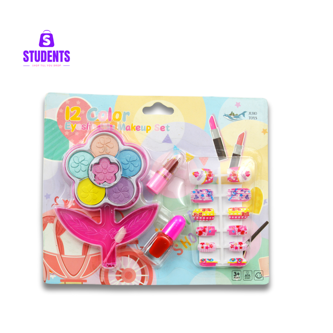 12 Colors Eyeshadow Makeup Set for 3+ Ages Children with Nail Polish, Lipstick and Artificial Nails